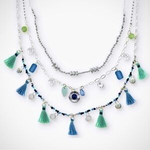 Style & Co Silver-Tone Mixed Bead, Charm & Tassle Long Layered Necklace Boho NIB